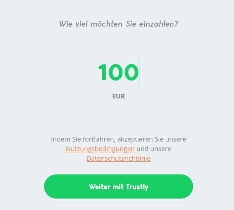 Einzahlungsbetrag für das Casino mit Trustly Online Banking wählen