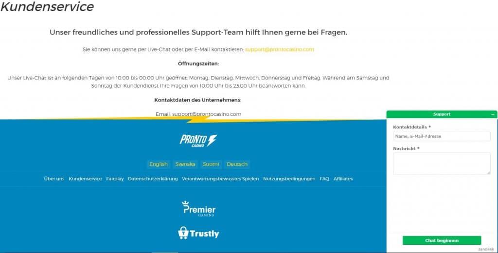 Live Chat Pronto Casino